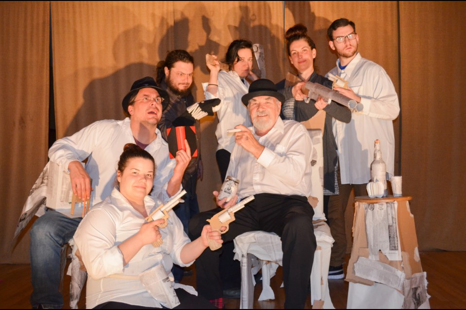 Cast members with Lara Bradley's Blind Nickel Pig gather for a photo at a recent rehearsal. Back row, from left, are Daniel Aubin (Piano Man), France Huot (Annie Flyberry), Miriam Cusson (Mabel-Lynn) and Alec Peroff (Constable Alex Mackracken). In the front row, from left, are Greg Tremblay (Fast Willy Dorland/Jib Johnston),  Cassandra Rene ( Frannie Flyberry/Mrs. Doris Dorland) and Ron Tough (William Edge Mason/Pikey Fishcheeks Mckray). (Supplied)
