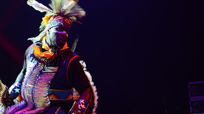 Indigenous DJ trio A Tribe Called Red wowed a large crowd at the Grace Hartman Amphitheatre at Bell Park July 8 as the group headlined the third night of the Northern Lights Festival Boréal. (Marg Seregelyi/Marg Seregelyi Photography)
