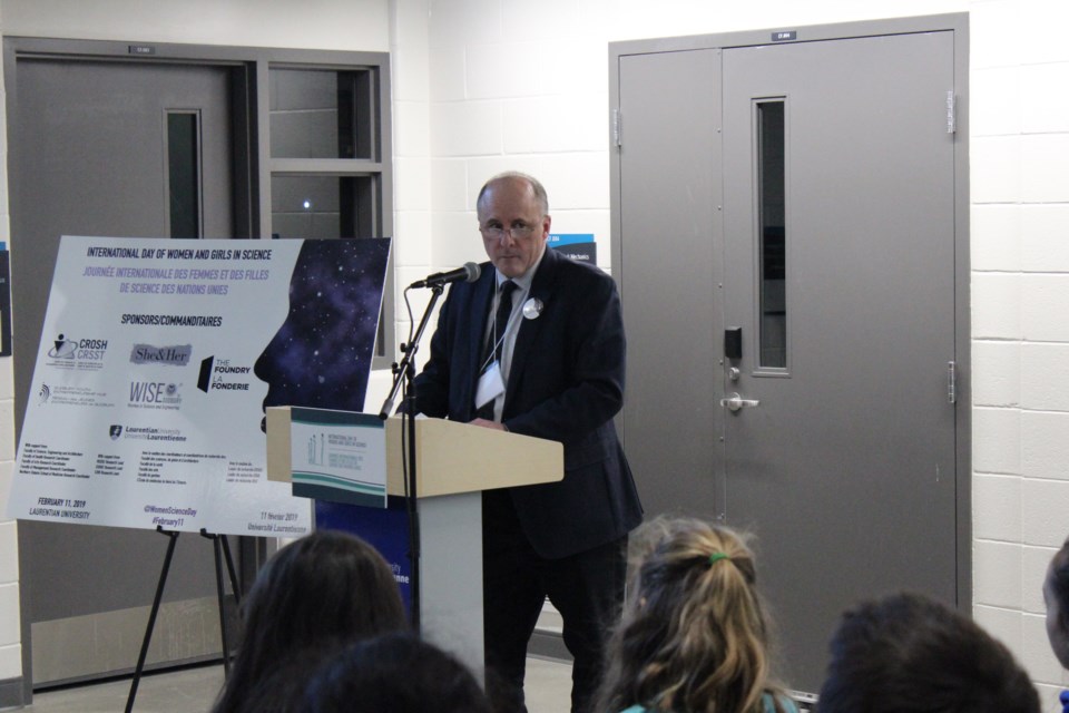 Pierre Zundel, interum President and Vice Chancellor of LU,  giving his opening statements at the Cliff Fielding building for International Day of Women and Girls in Science (Keira Ferguson/ Sudbury.com)