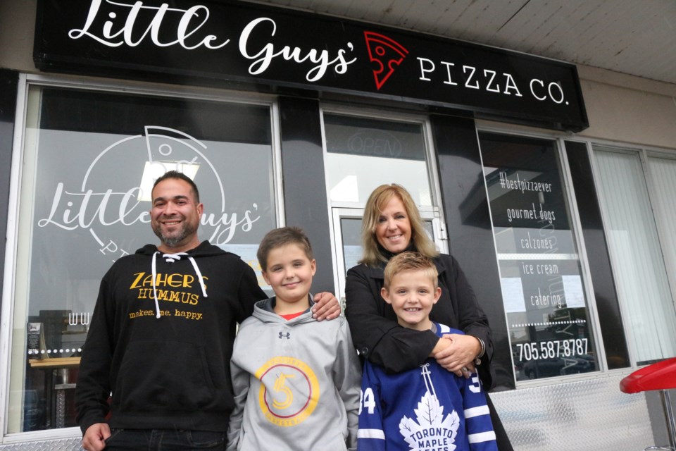 (From the left) Deke Zaher, owner of Zaher's Small Batch, with Jacob, MJ and Jordan Lamoureux of Little Guys' Pizza Co. (Keira Ferguson/ Sudbury.com)