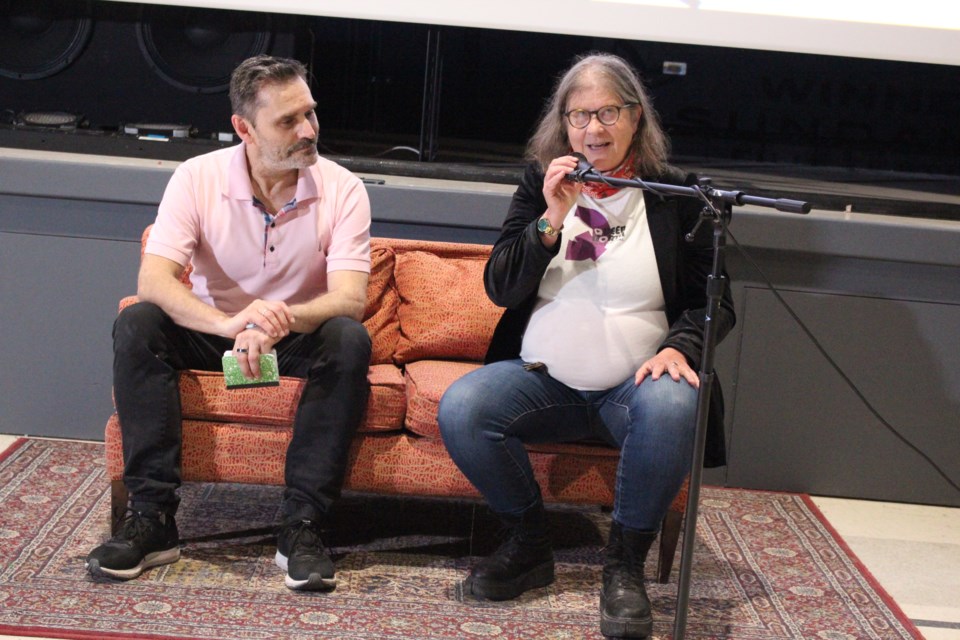 Queer North Film Festival programmer Beth Mairs speaks at a June 9 press conference where she announced details of this year’s festival, while guest programmer Pierre Bonhomme looks on.