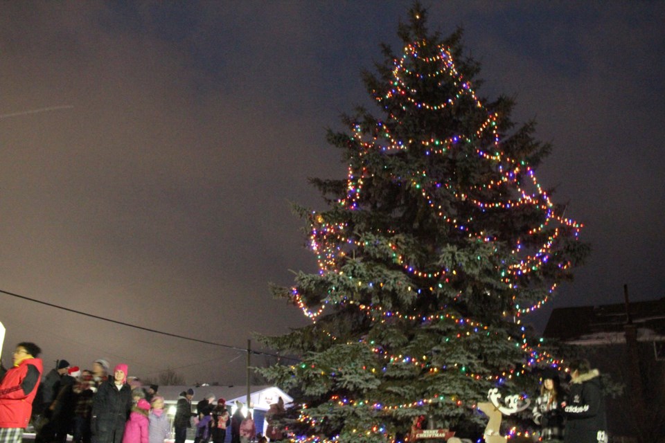 The tree is lit in front of the Copper Cliff Museum at the eighth annual Copper Cliff Tree Lighting Dec. 4, the first since 2019, before the pandemic began.