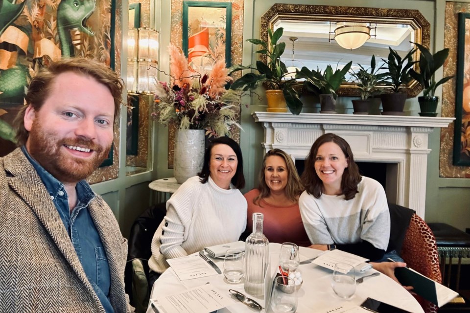 Enjoying high tea at Ivy Ristorante in London. From left are Cameron Grant, Kate Hedley, TimminsToday editor Maija Hoggett, and Amelia Hedley.