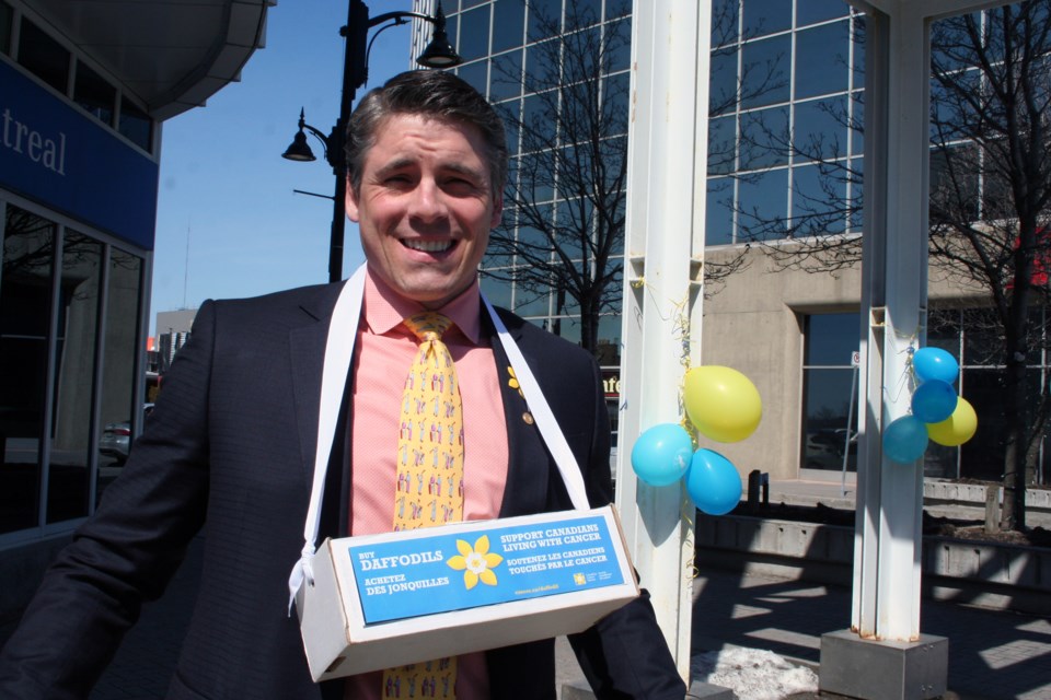 Staff and management from Bank of Montreal (BMO) took part in some friendly competition in Sudbury's downtown on April 15 by raising funds for the Canadian Cancer Society as part of daffodil month. Photo by Heather Green-Oliver.
