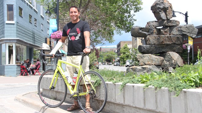 Cyclist and activist Chris Cull made his way through Sudbury this weekend during his second cross-Canada ride. Photo: Matt Durnan