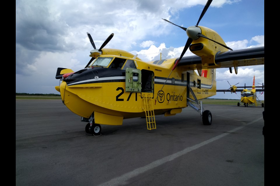 The Ministry of Natural Resources and Forestry has nine CL-415 water bombers it uses to combat forest fires across the province. On Wednesday three were stationed in Sudbury due to the high fire risk in the region. Photo by Jonathan Migneault.