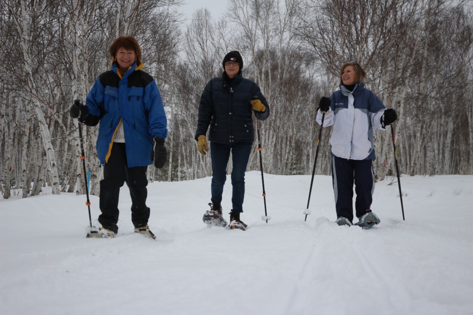 Snowshoeing enthusiasts, from left, Carol, Joanne and Sue, were at Kivi Park on Thursday morning for some exercise. Photo by Arron Pickard