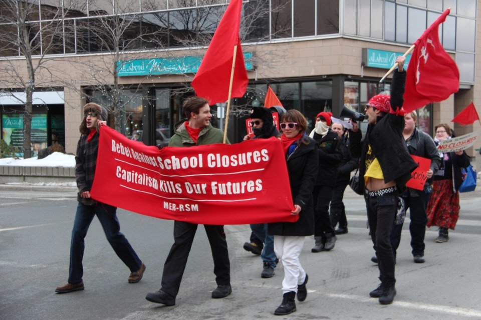 The Revolutionary Student Movement held a march against the Rainbow District School Board's plan to close eight public schools in Sudbury starting this fall. Photo: Matt Durnan.