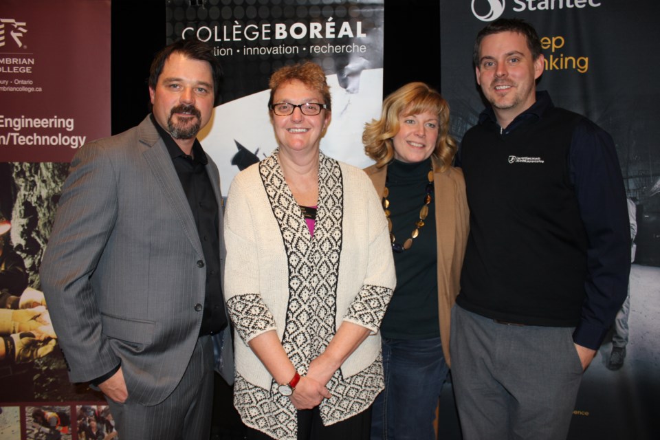 College Boreal's Jeff Lafortune, Cambrian's Kate Bruce, Stantec's Sherrie Burrell, and Laurentian's Ethan Armit sat on the Mining Day committee. The event was held Feb. 8 at Cambrian College. Photo: Ella Myers