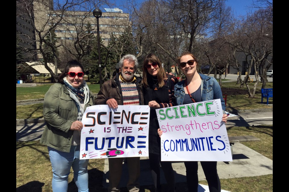 Marching for Science on Saturday in Sudbury alongside Dr. David Pearson (second from left) were graduates of the Laurentian University-Science North science communication program (from left) Gabrielle Veilleux, Kat Middleton and Michelle Reid. (Supplied)