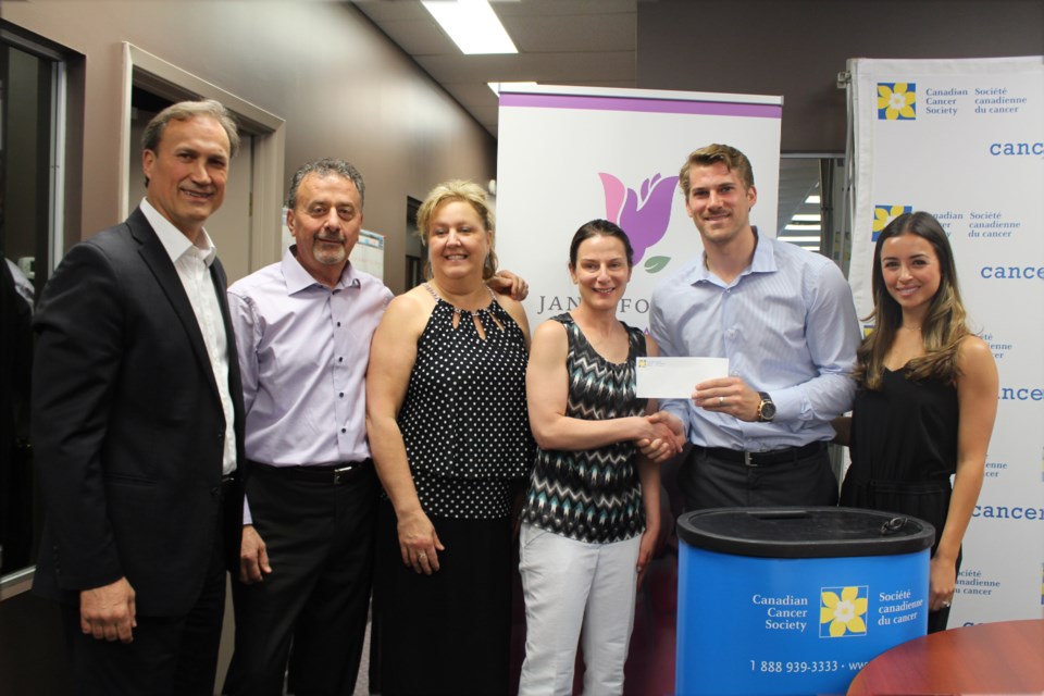 Meals on Wheels received a $10,00 donation from the Janis Foligno Foundation on June 8. On hand for the presentation was, from left, Mike Foligno, Junior and Leslie Moutsatsos owners of P&M's Kouzzina, Kelly Zinger executive director at Meals on Wheels, Marcus Foligno and his wife Nastascia. (Heather Green-Oliver/Sudbury.com)