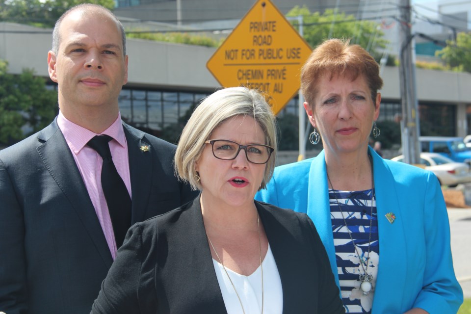 Ontario NDP leader Andrea Howarth held a press conference outside of Health Sciences North June 27 to speak about the issue of hospital overcrowding. She was joined by Nickel Belt MPP France Gélinas and Sudbury NDP candidate Jamie West. (Heidi Ulrichsen/Sudbury.com)