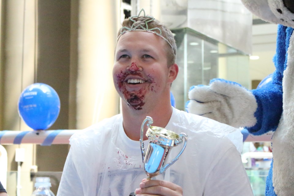 Bryan “The Blueberry Machine” Cooper took home the champion title in Downtown Sudbury’s Annual Celebrity Blueberry Pie Eating Contest. (Photo: Heather Green-Oliver)