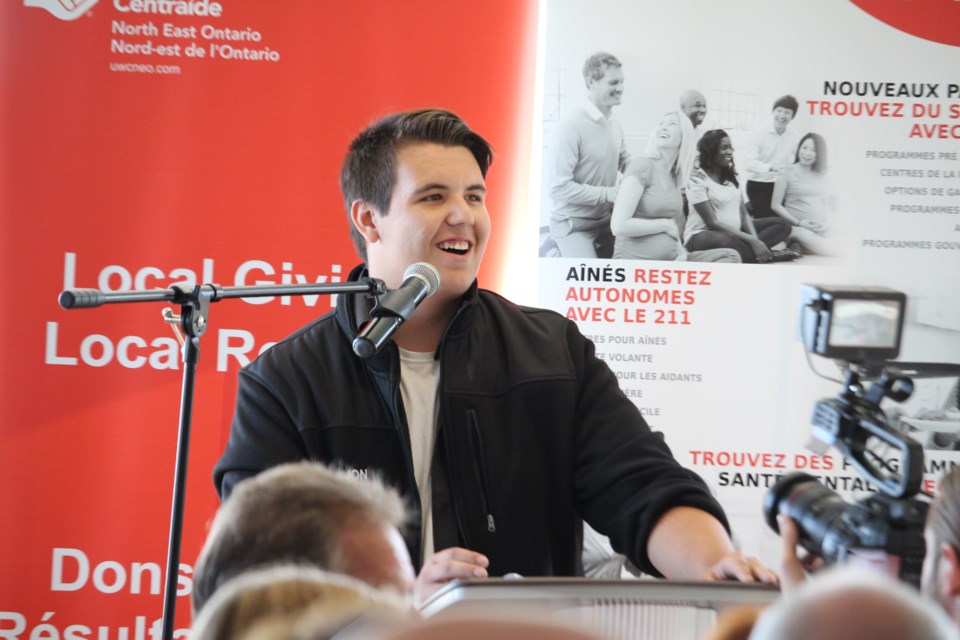 Jon Sanderson, member of Sudbury Youth Rocks, shares his story and how the United Way helped change his life during the annual United Way North East Ontario campaign launch held at the Northern Water Sports Centre on Sept. 13. (Heather Green-Oliver/Sudbury.com)