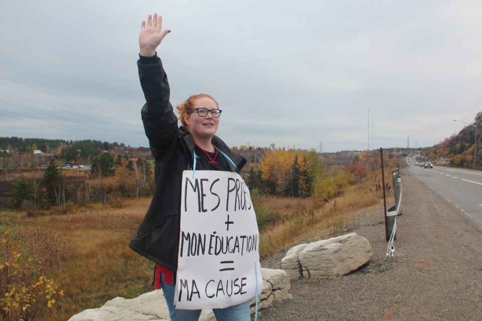 Collège Boréal student Alice Norquay joined her professors on the picket lines Monday morning to lend her support. (Heidi Ulrichsen/Sudbury.com)