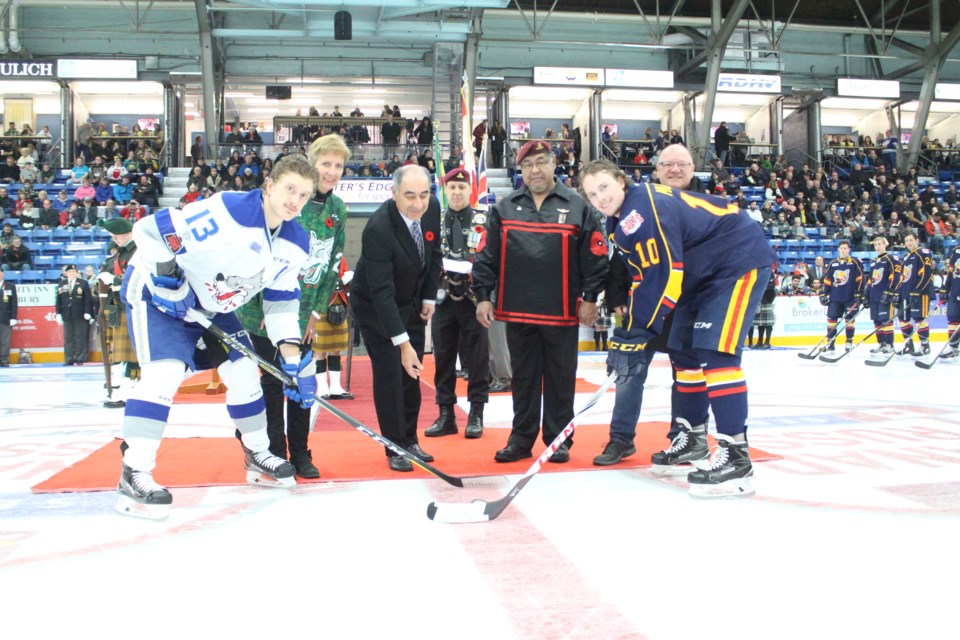 The Sudbury Wolves hosted a Remembrance Day ceremony before their game with the Barrie Colts on Friday night. (Matt Durnan/Sudbury.com)