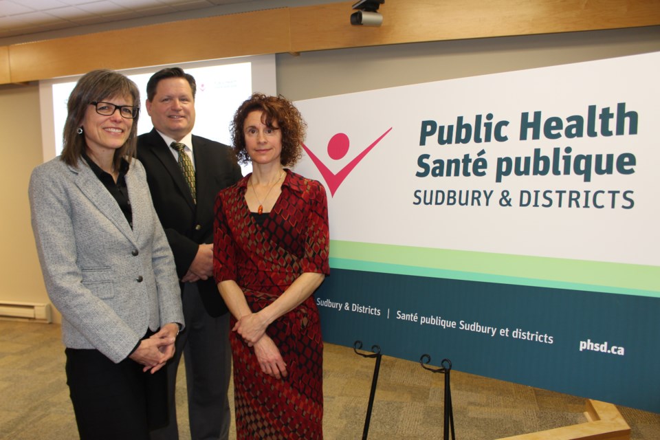 Public Health Sudbury and Districts CEO Penny Sutcliffe, PHSD board vice-chair Jefferey Huska, and PHSD registered dietitian Tammy Cheguis at the unveiling of the newly named Public Health Sudbury and Districts. (Matt Durnan/Sudbury.com)