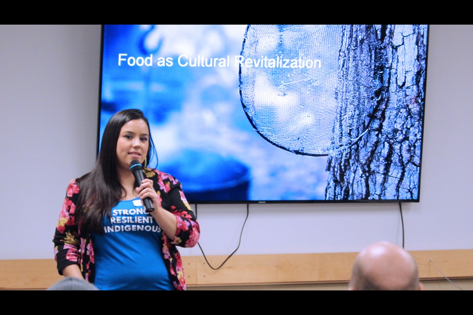 Jolene Recollet spoke about Wahnapitae First Nation’s new and ongoing food programs during the "Four-Minute Foodies" lunch on Feb. 14.
 (Heather Green-Oliver/Sudbury.com)