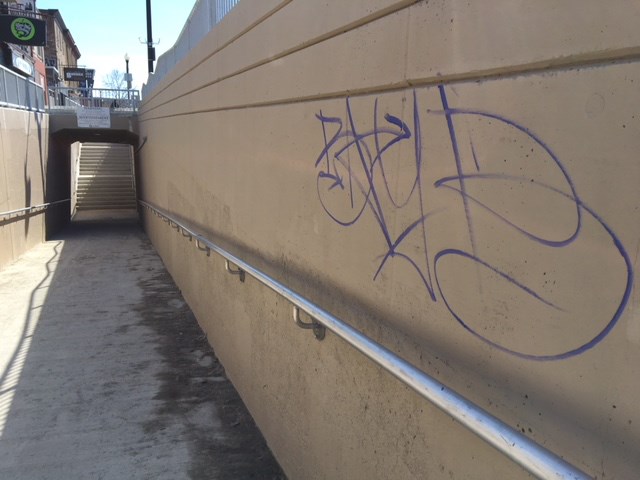 Work on the Elgin Street underpass was completed on March 22 and it didn't take long for vandals to make their mark. Northern Ontario Business reporter Lindsay Kelly snapped photos of some fresh graffiti on the newly painted concrete on the underpass. (Lindsay Kelly/Northern Ontario Business).