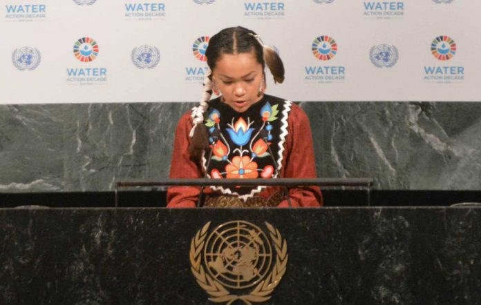 Autumn Peltier of Wiikwemkoong addressed the United Nations General Assembly last Thursday, calling on the world’s leaders to ‘warrior up’ and start protecting Mother Earth and her water. Autumn helped to kick off the United Nations’ Water Action Decade and was the youngest to speak at the event. (Photo by Linda Roy, Ireva Photography) 