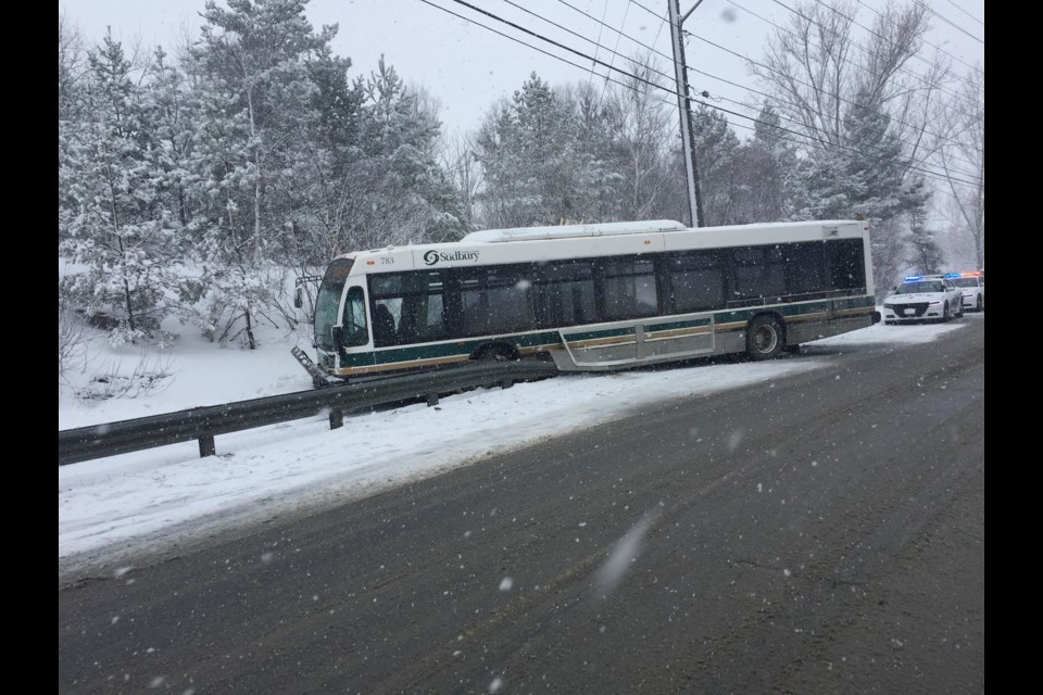 A city of Greater Sudbury transit bus fell victim to some adverse weather on April 12, crashing trough a guardrail and into a ditch off Ramsey Lake Road. (Patrick Demers)