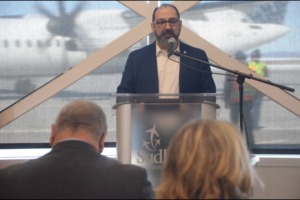 Sudbury MPP Glenn Thibeault speaks at the Greater Sudbury Airport on Friday, announcing $1.8 million in funding from the Northern Ontario Heritage Fund. (Arron Pickard/Sudbury.com)