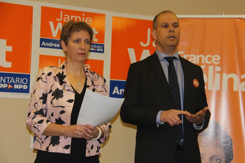 Sudbury provincial NDP candidate Jamie West speaks May 4 at the launch of his party's Northern Ontario platform as Nickel Belt NDP incumbent France Gélinas looks on. (Heidi Ulrichsen/Sudbury.com) 