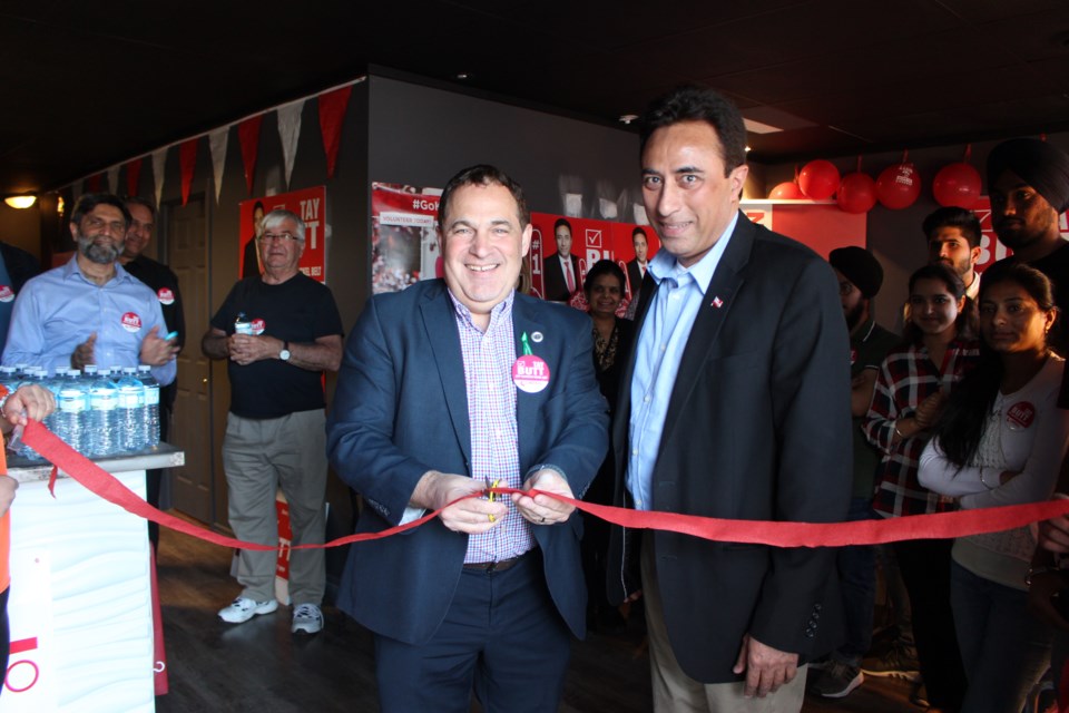 Nickel Belt Liberal party candidate Tay Butt opened the doors to his campaign office in Val Caron on May 17, welcoming in supporters and Nickel Belt MP Marc Serré. (Matt Durnan/Sudbury.com)