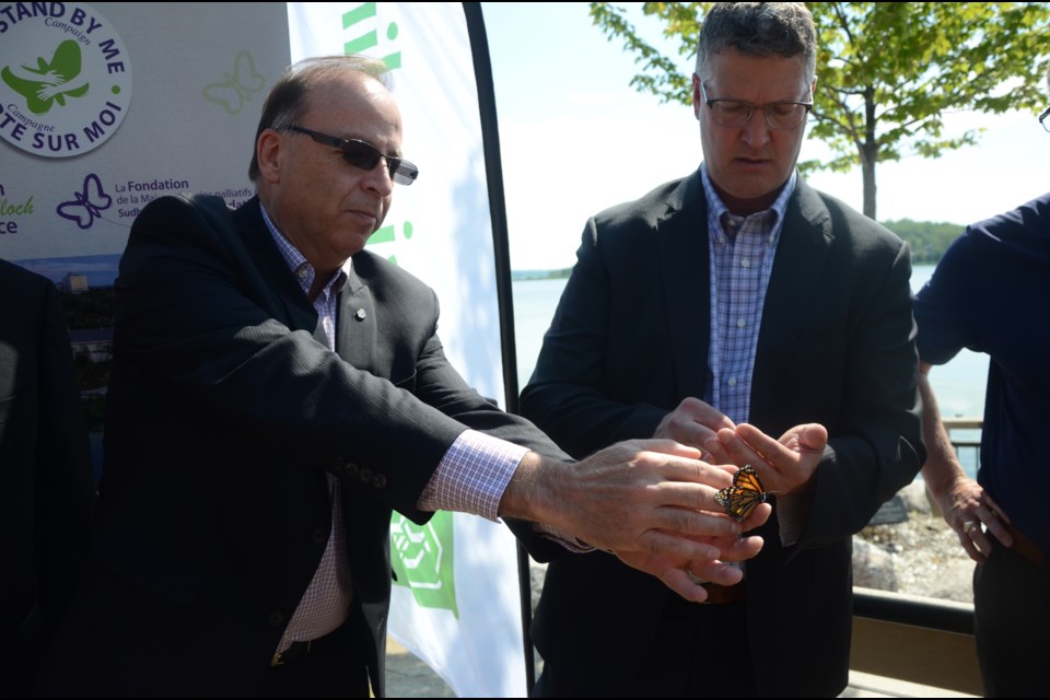 Jean-Marc Spencer,  director, Voyageurs Credit Union, releases a butterfly at the launch of the 2018 Desjardins Live Butterfly Release at Maison McCulloch Hospice on June 28. Paul Mayer, director Caisse Populaire Vallée Est, also released a butterfly. (Arron Pickard/Sudbury.com)