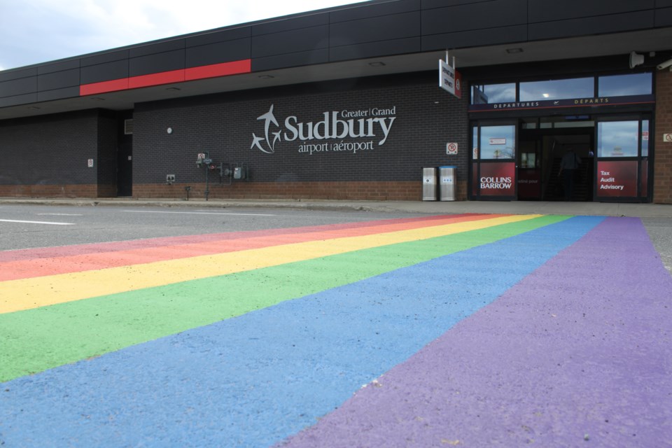 The Greater Sudbury Airport added some colour to their property while displaying their support for Fierté Sudbury Pride Week. (Lindsay Kelly/Northern Ontario Business)