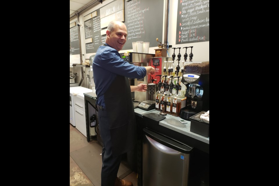 Sudbury MPP Jamie West at Kuppajoe Espresso Bar for take your MPP to work day (Supplied). 