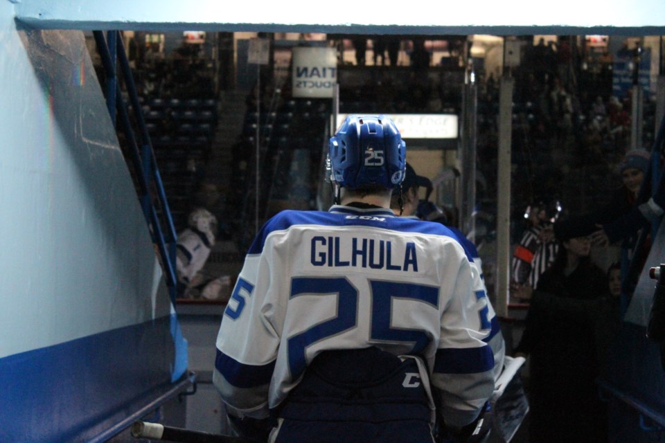 Owen Gilhula walking out at the Sudbury Arena, where the Sudbury Wolves secured their sixth straight win with a 5-4 victory over the Guelph Storm (Keira Ferguson/ Sudbury.com)