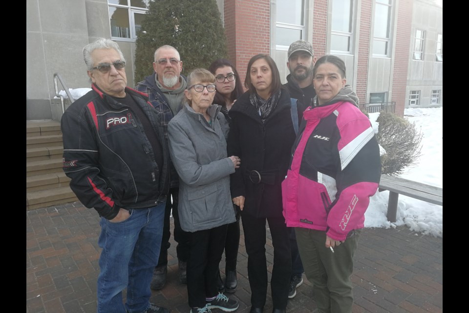 Lynn Gauthier is joined by her family outside the Sudbury courthouse on Wednesday after the man who killed her son in a drunk driving crash was sentenced to five years in prison. In, front, from left, Willy Sivret, Lorraine Sivret, Lynn Gauthier and Carmen Sivret. In back, from left, is Rejean Gauthier, Kelsey McLeod and Marcel Gauthier. (Arron Pickard)