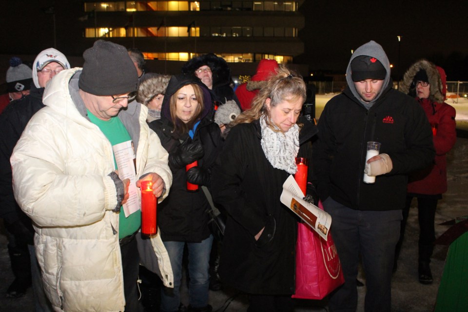 Diane Gratton (middle) at a vigil for her son, Branden, who has been missing since Dec. 3. (Matt Durnan/Sudbury.com)