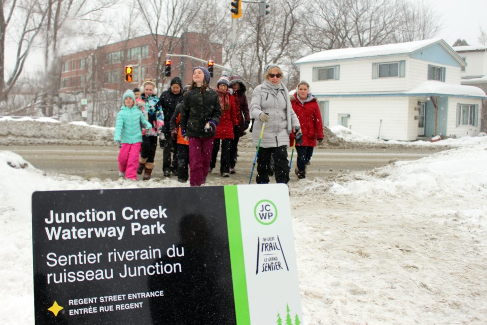 Greater Sudbury's first bicycle and pedestrian crossing on Regent Street provides safer passage for Junction Creek trail users as well as nearby schools and businesses. (Heather Green-Oliver/Sudbury.com)