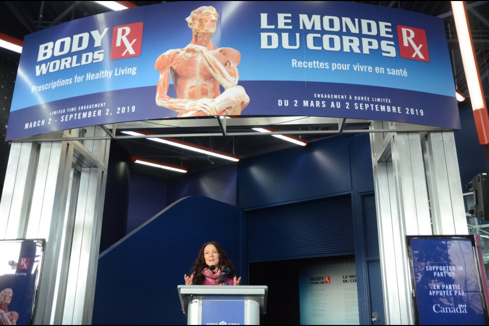 Dr. Angelina Whalley, creative and conceptual designer of the Body Worlds exhibitions, speaks at a sneak peak of the Body Worlds RX exhibits at Science North on Friday. (Arron Pickard/Sudbury.com)