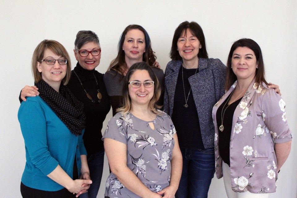 (From the left) Chantal Makela,  Louise Bergeron, Tracy De Vos, Danielle Audet, Lisa Condo and (in front) Giulia Carpenter from the Sudbury Women's Centre, one of the YWCA 2019 Women of Distinction (Keira Ferguson/ Sudbury.com)