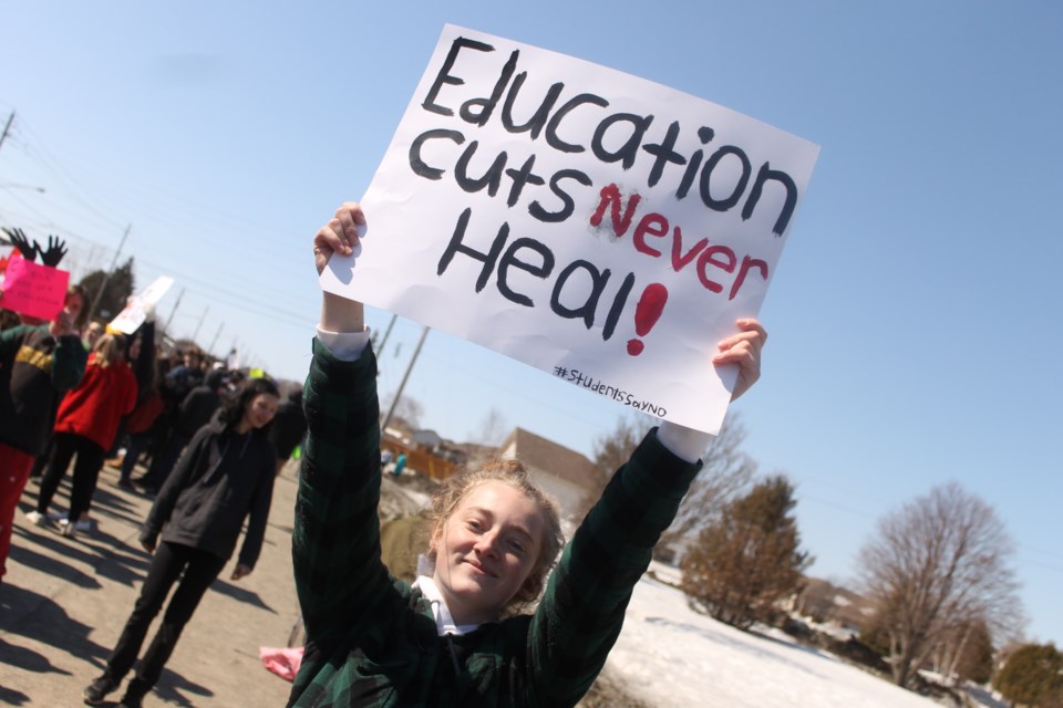 Mikayla Valentine at the Students Say No walkout at Confederation Secondary School on April 4. (Annie Duncan/Sudbury.com)