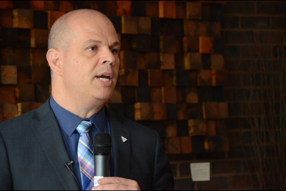 Sudbury MPP Jamie West speaks at a press conference Thursday where he revealed his private member's motion to have the province declare the opioid crisis an emergency. (Arron Pickard/Sudbury.com)