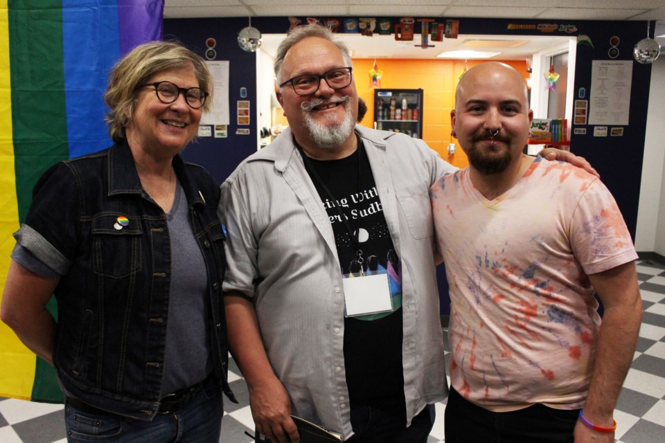 (From the left) Sudbury Indie Cinema owner Beth Mairs, Paul Pasanen and Vincent Bolt, at Fierte Sudbury Pride's Stonewall Vigil (Keira Ferguson/ Sudbury.com)