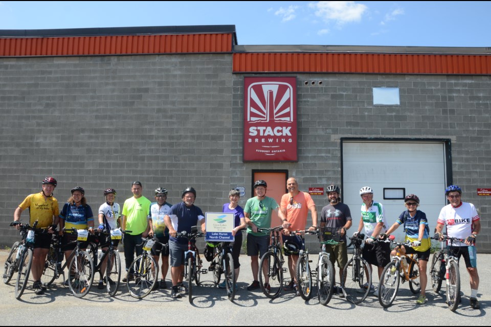 Participants in the Great Lakes Waterfront Trail Adventure met Mayor Brian Bigger and Sudbury MPP Jamie West at Stack Brewing on Kelly Lake Road to kick off the final leg of their 3,000-km trek. (Arron Pickard/Sudbury.com)