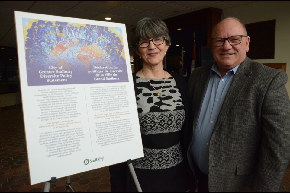  Mayor Brian Bigger and Ward 9 Coun. Deb McIntosh, co-chair of the Newcomer Immigration Refugee Advisory Panel, show off the new Diversity Plaque that will act as the city's promise to accept the differences every resident, regardless of where they come from. (Arron Pickard)