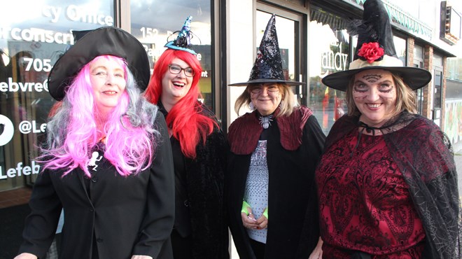 (L to R) Local witches Lynn Allard, Natasha Campbell, Pirkko Campbell and Jean Fowler took part in Thursday's witches walk. (Matt Durnan/Sudbury.com)