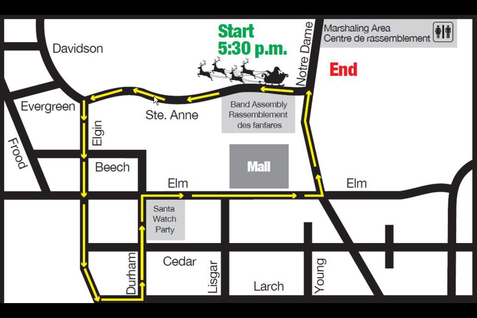 This year’s Santa Claus Parade will follow the same route as last year with the exception of one added block on Larch Street between Elgin Street and Durham Street.