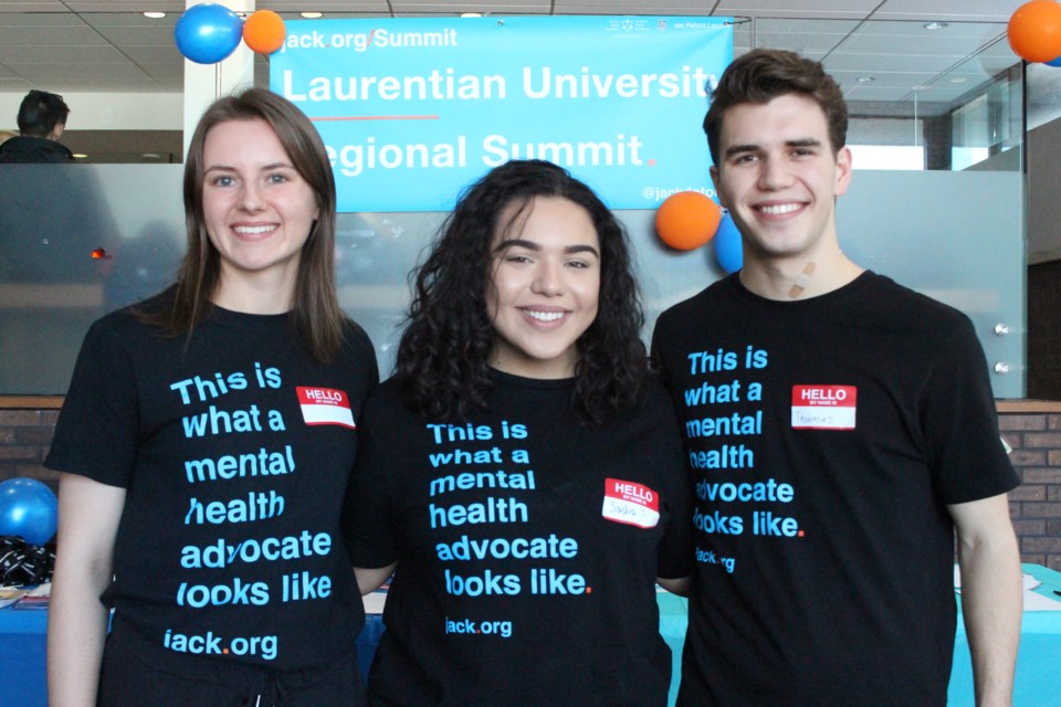 (From the left)  Allie Chown, co-president of Jack.org Laurentian, Sadia Fazelyar, Jack.org network representative, and Thomas Houle, co-president of Jack.org Laurentian at Laurentian University for Jack.org Laurentian's inaugural Regional Summit. (Keira Ferguson/ Sudbury.com)