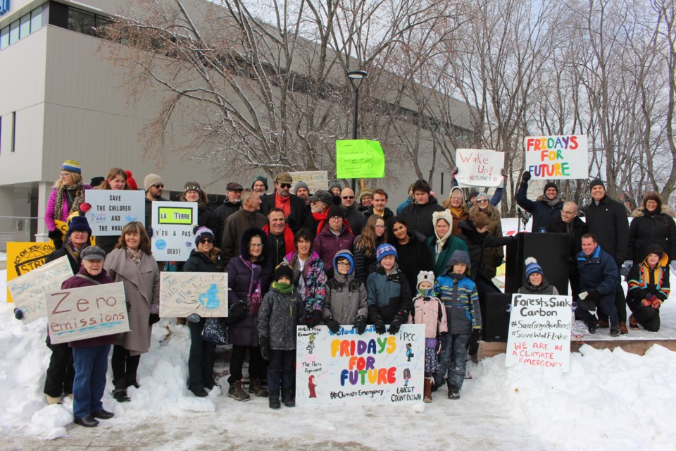 Sudbury's Fridays for Future youth were joined by dozens of Sudburians, including local politicians from all levels of government on Nov. 29 in the courtyard outside of Tom Davies Square. (Matt Durnan/Sudbury.com)