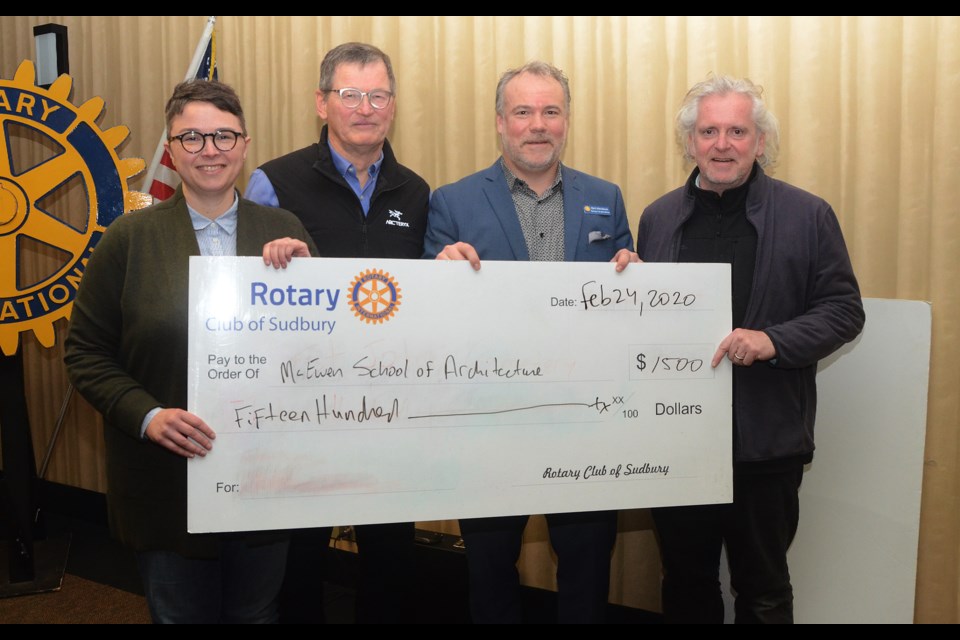 The McEwen School of Architecture received $1,500 from the Rotary Club of Sudbury. The money will be used as a bursary for a Masters of Architecture student for work in service of community. From left to right: Kate Bowman, Blaine Nicholls, Terrance Galvin and Rotary president Rick MacKenzie. (Arron Pickard/Sudbury.com)