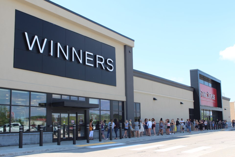 Eager shoppers lined up around the building at Sudbury's Winners-Homesense location as the store opened its doors for the first time in months. (Matt Durnan/Sudbury.com)