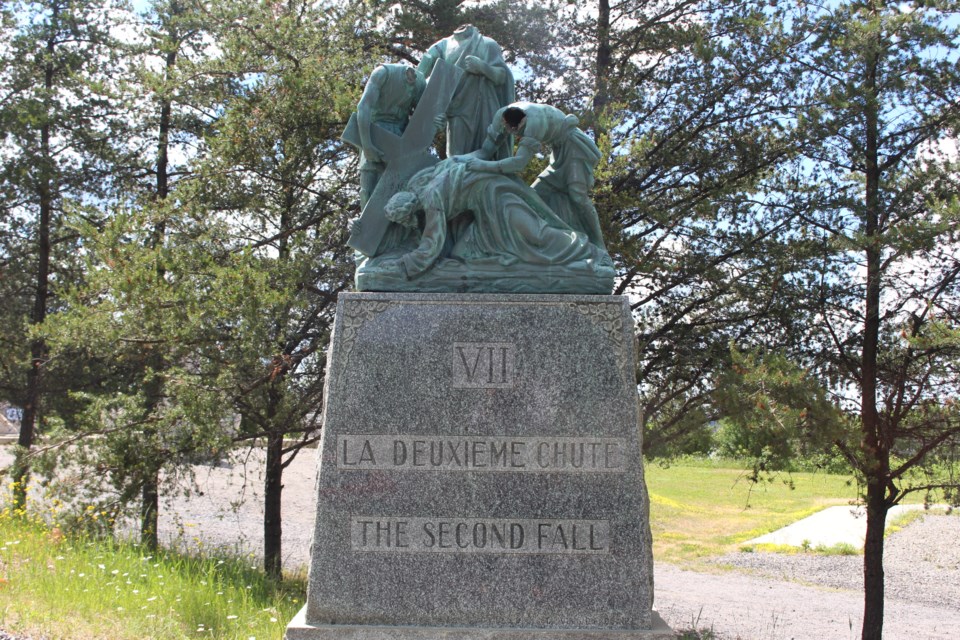 The seventh station of the cross: the second fall, vandalized at Grotto of Our Lady of Lourdes. (Keira Ferguson/ Sudbury.com)