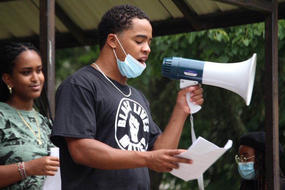Liam Cousineau,  reading the BLMS list of demands at its 2020 Sunday Sit-In. (Keira Ferguson/ Sudbury.com)